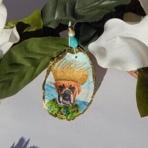 Boxer Dog Tan White & Black Wearing Straw Hat - Decoupage Oyster Shell Ornament